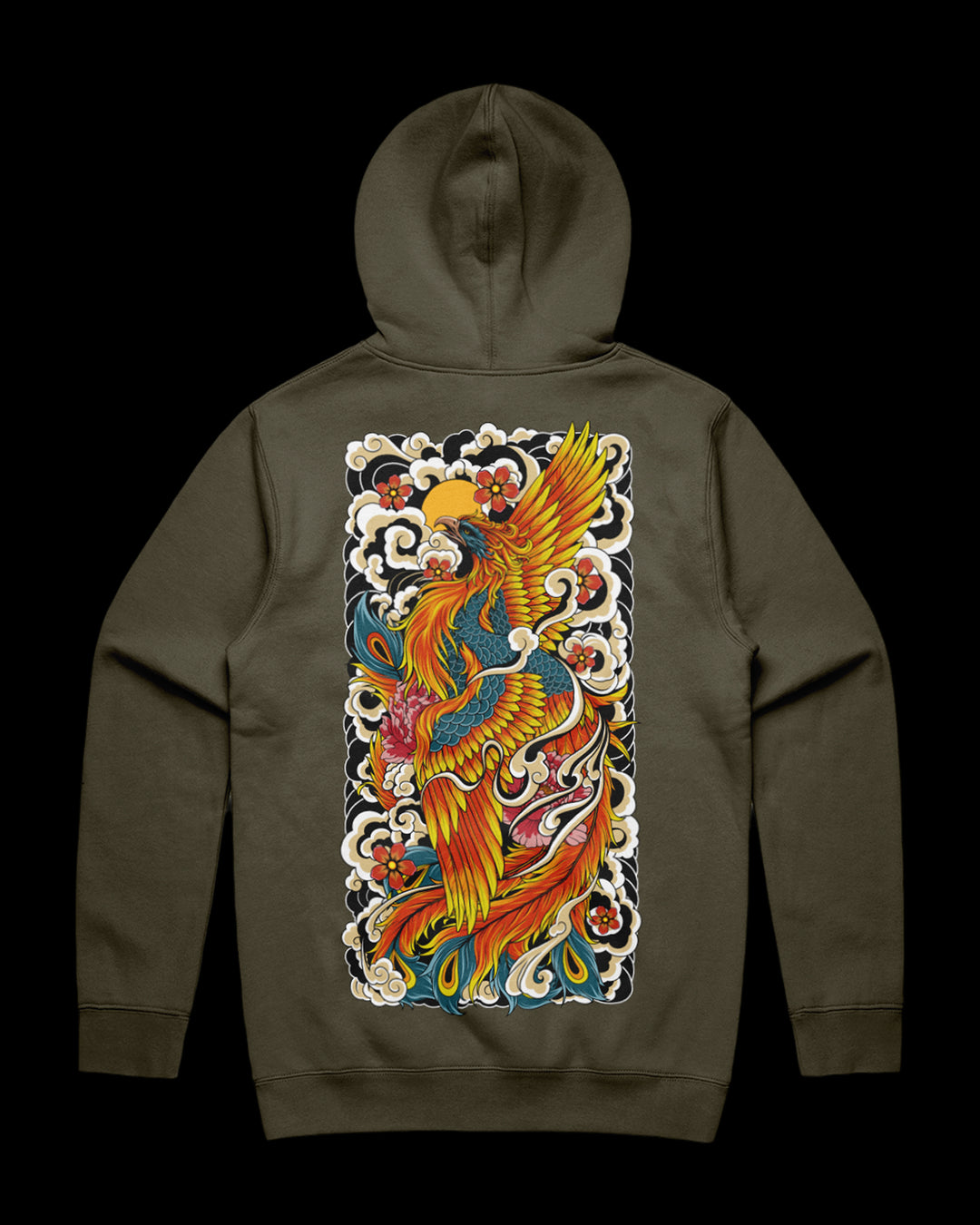Army hoodie with a colorful phoenix design on the back.