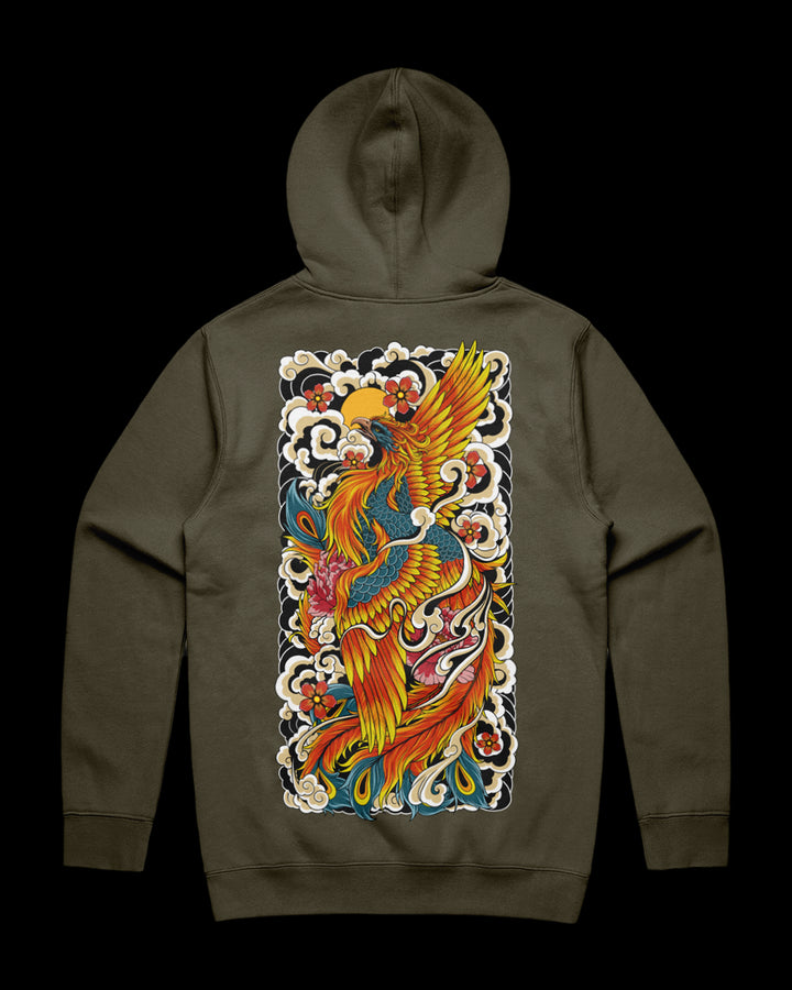 Army hoodie with a colorful phoenix design on the back.