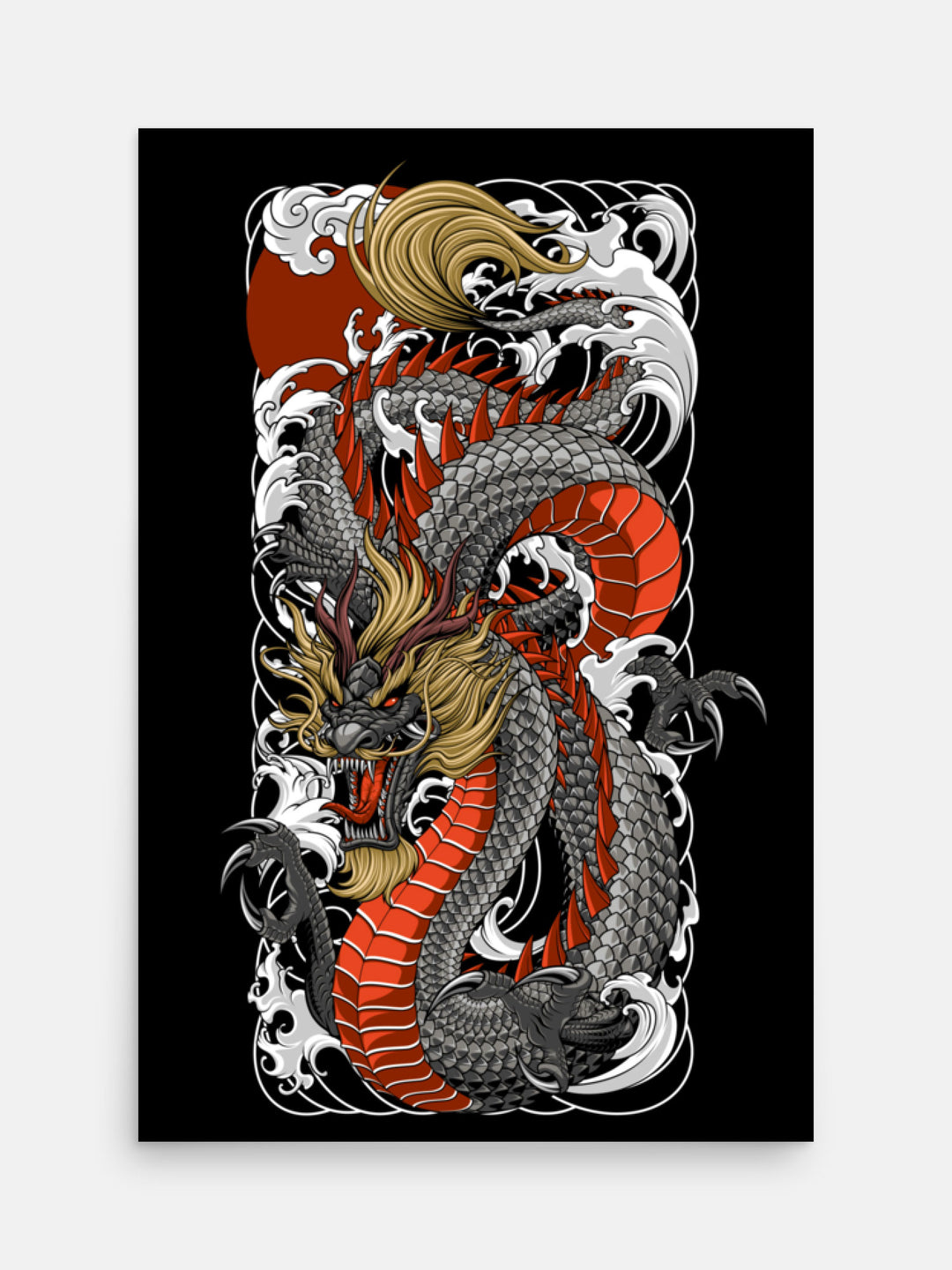 black dragon surrounded by irezumi style embelishments art print