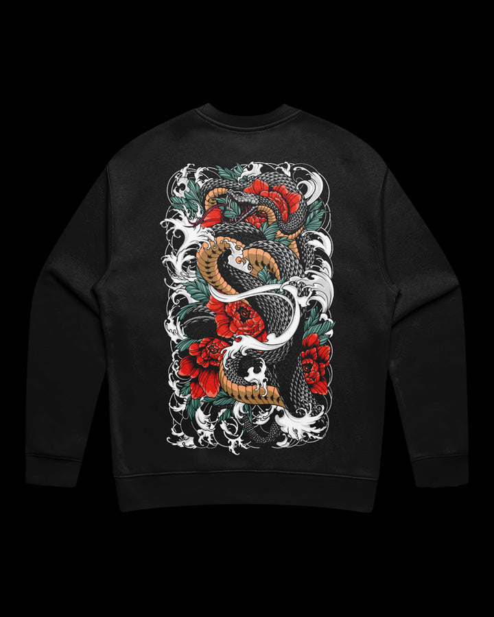 Black sweatshirt with a snake and floral design on the back.