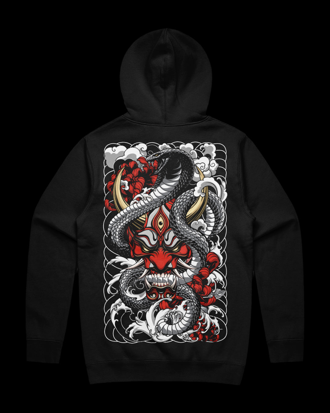 black hoodie with red hannya mask back print