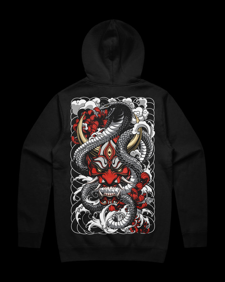 black hoodie with red hannya mask back print