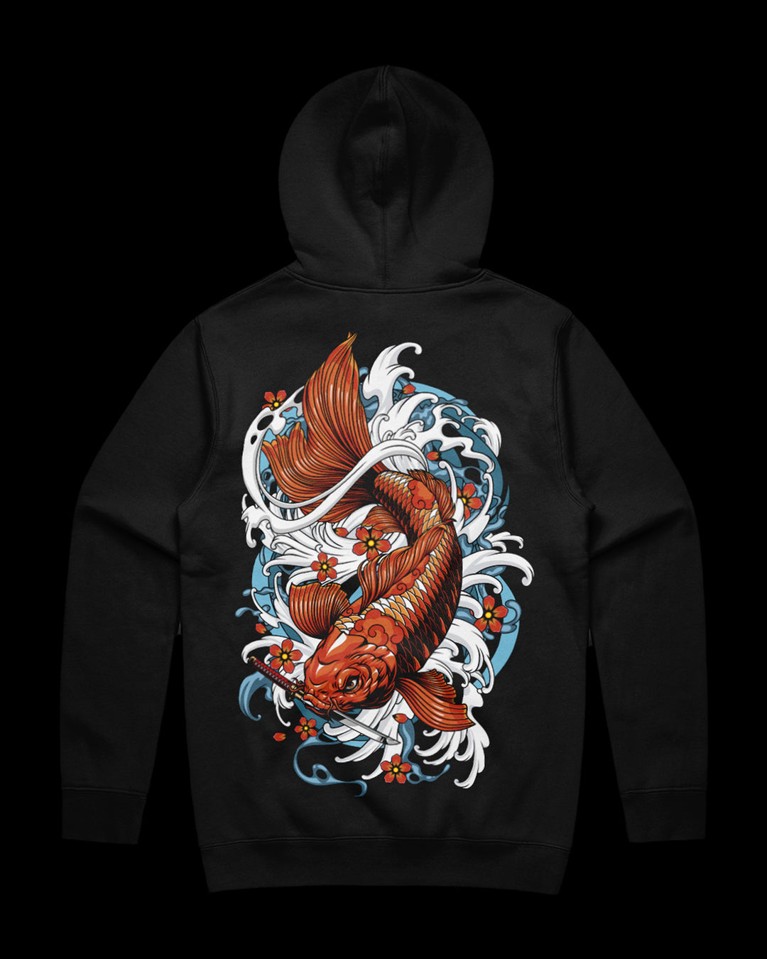 Black hoodie with a Koi fish design on the back