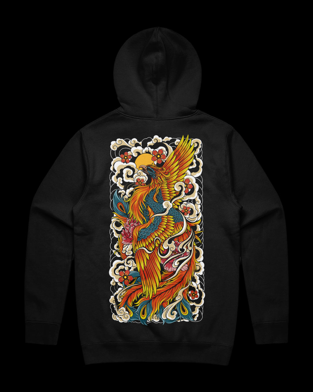 Black hoodie with a colorful phoenix design on the back.
