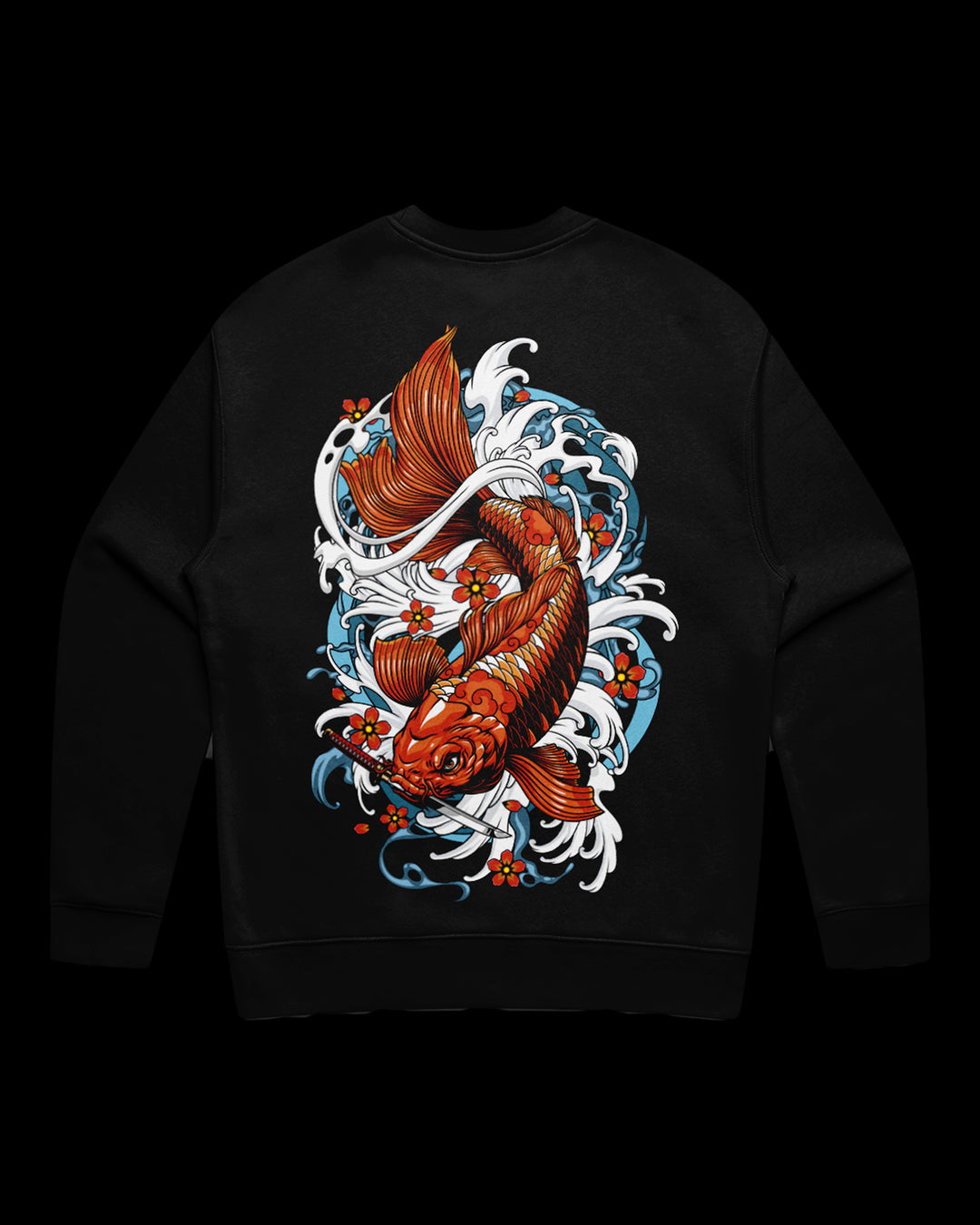Black sweatshirt with a colorful koi fish back design