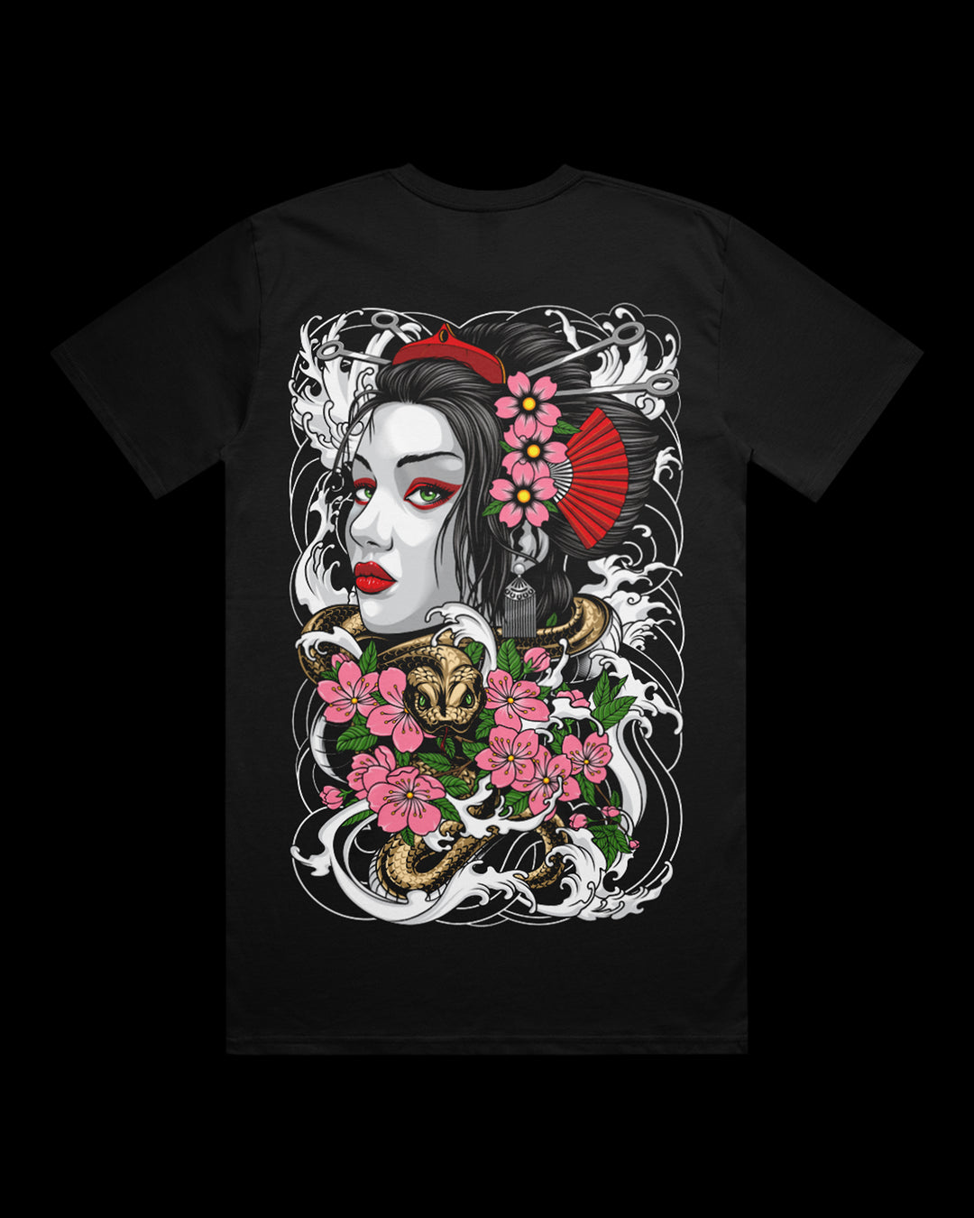 black tee with large graphic of geisha on the back
