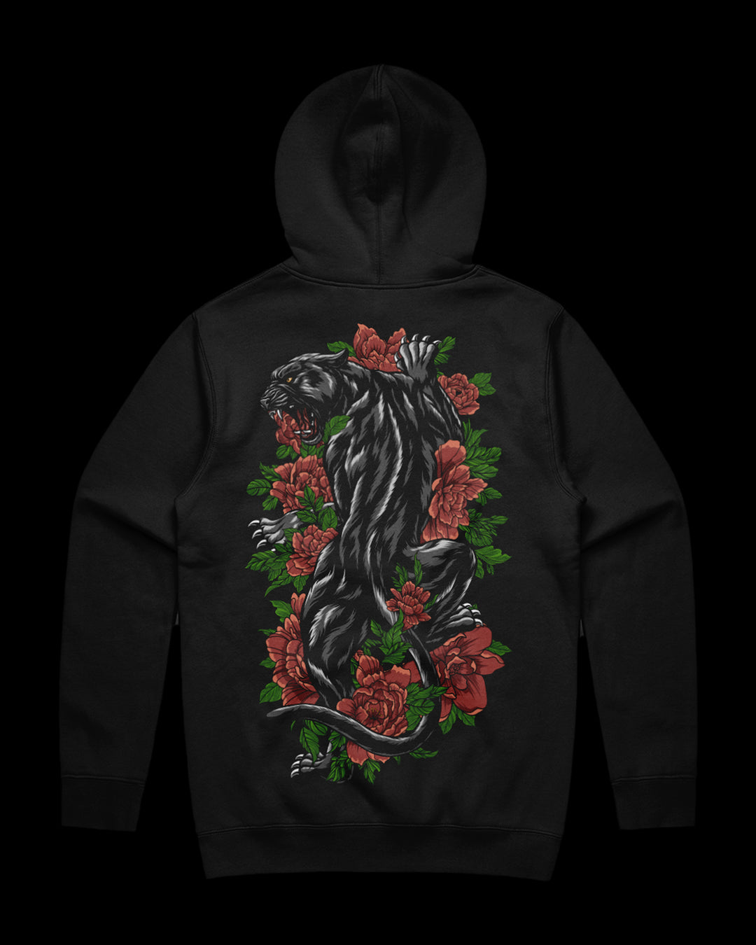 Black hoodie with a panther and floral design on the back