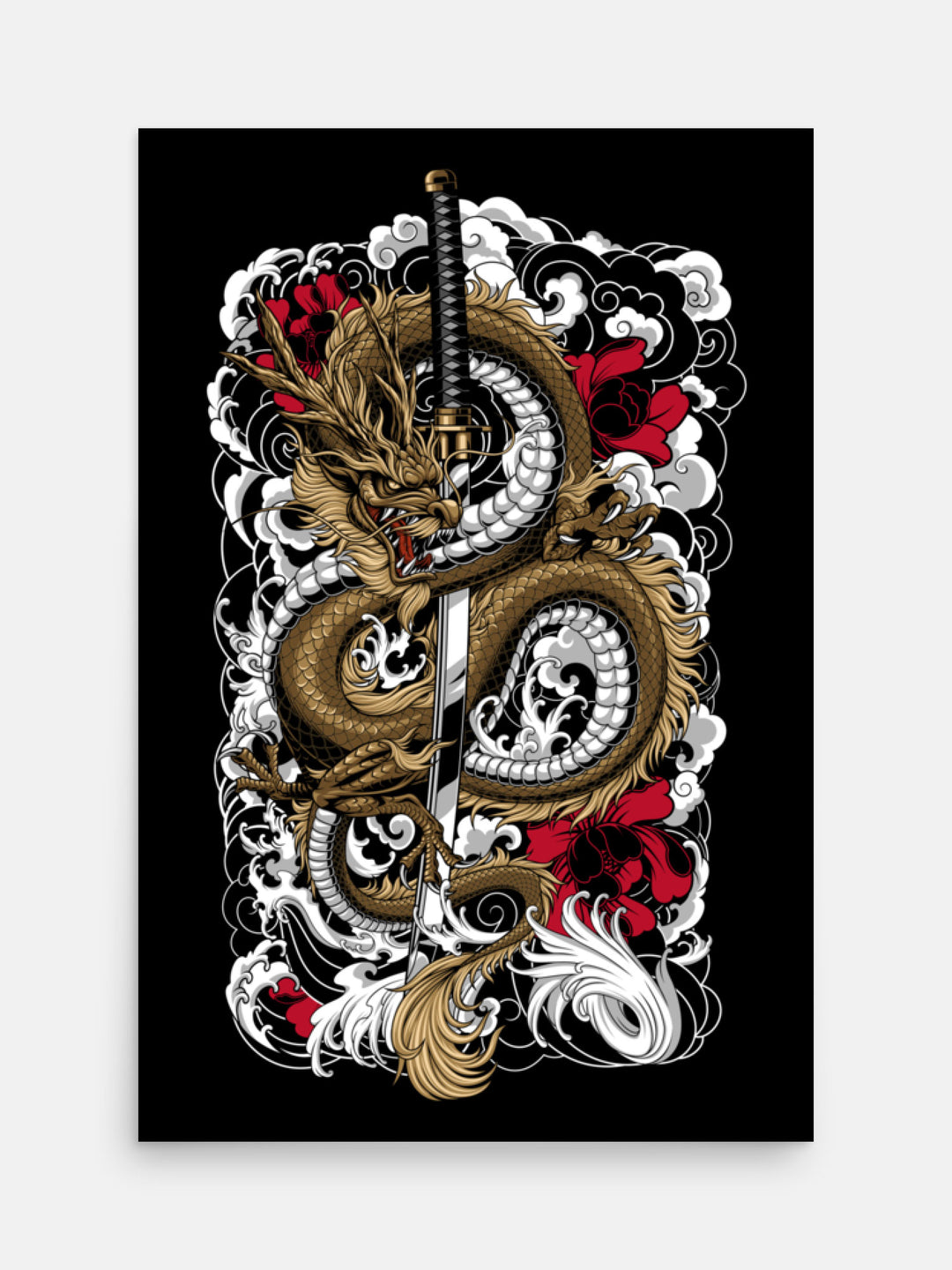 irezumi inspired dragon coiled around a katana art print