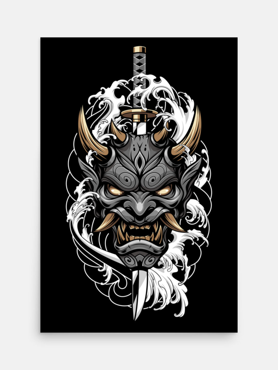 oni mask with katana surrounded by irezumi waves art print