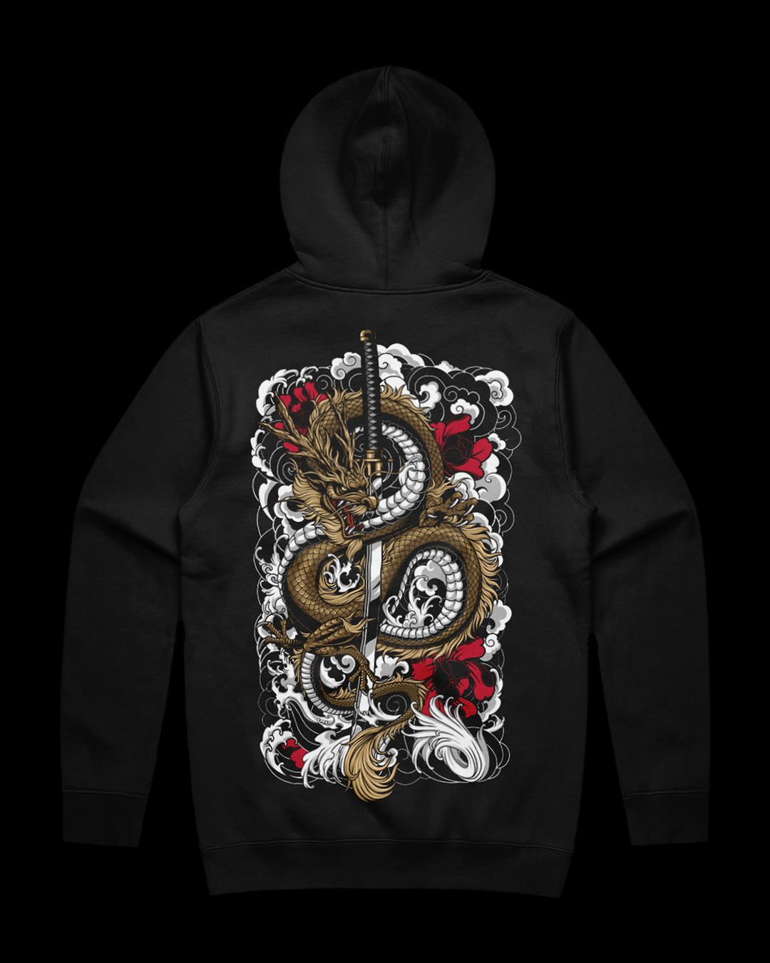 black hoodie with dragon and katana back print