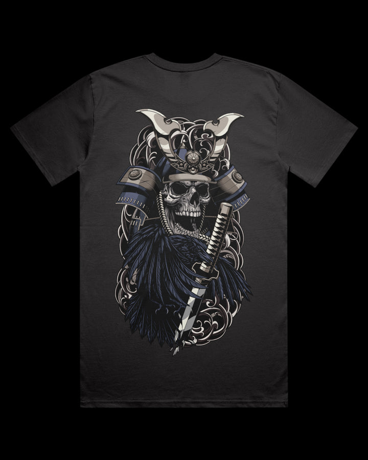 Coal t-shirt with a skull wearing a samurai armor and raven on the back