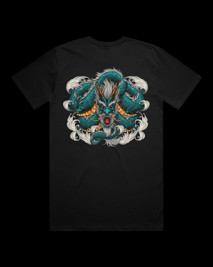 black tee with large coiled dragon on the back