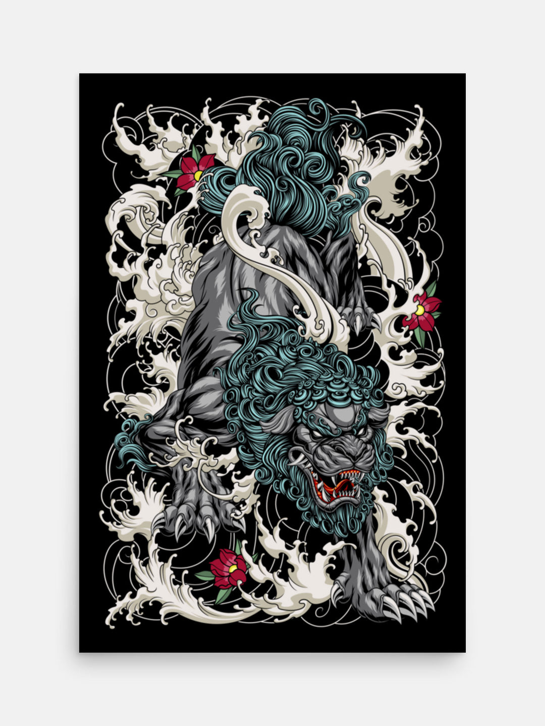 art print of a diving komainu with irezumi embelishments