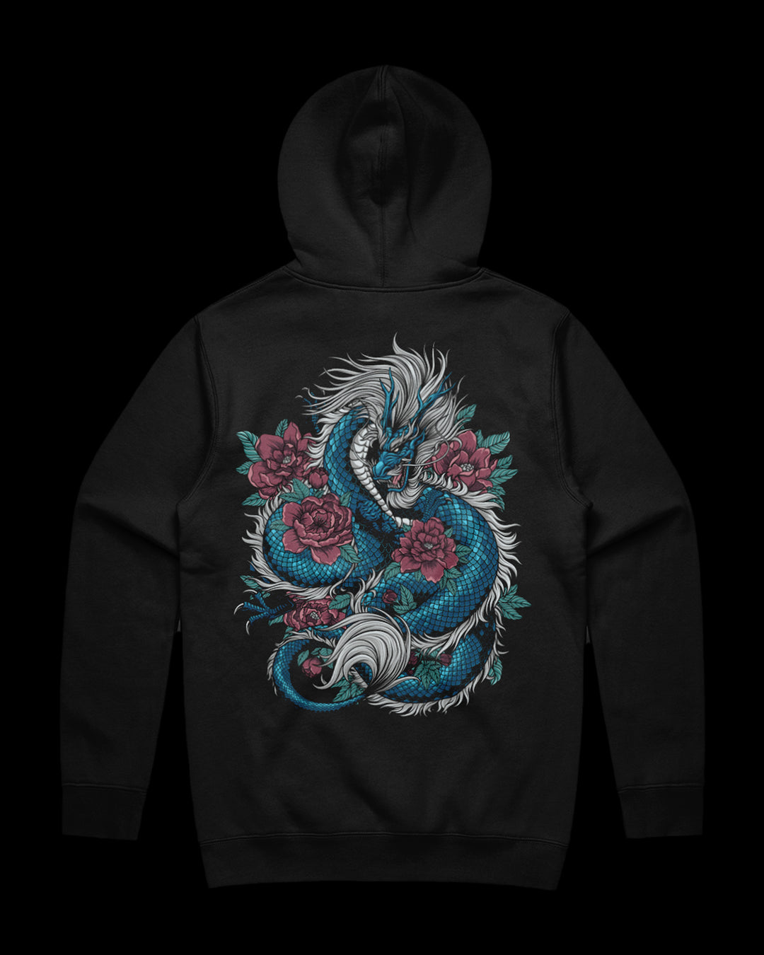 black hoodie with dragon and flowers back print