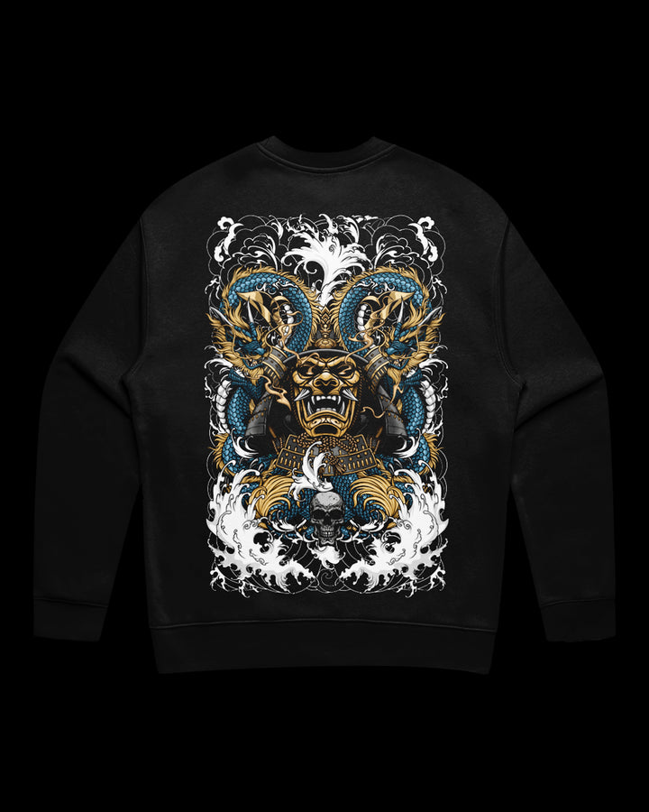 Black sweatshirt with a dragon and samurai tattoo inspired back design large print