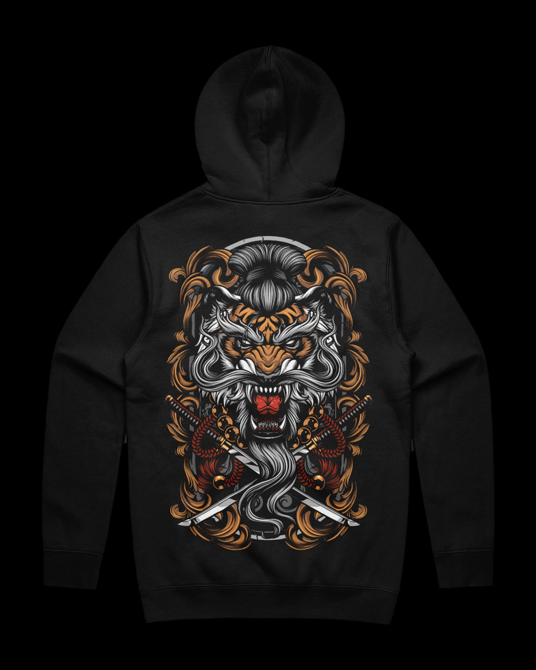 black hoodie with warrior tiger back print