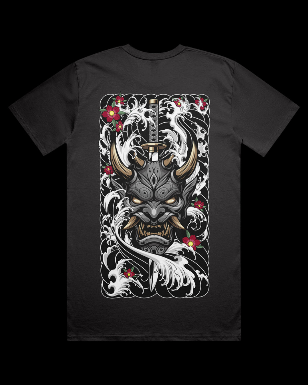 coal tee with black hannya mask graphic on the back