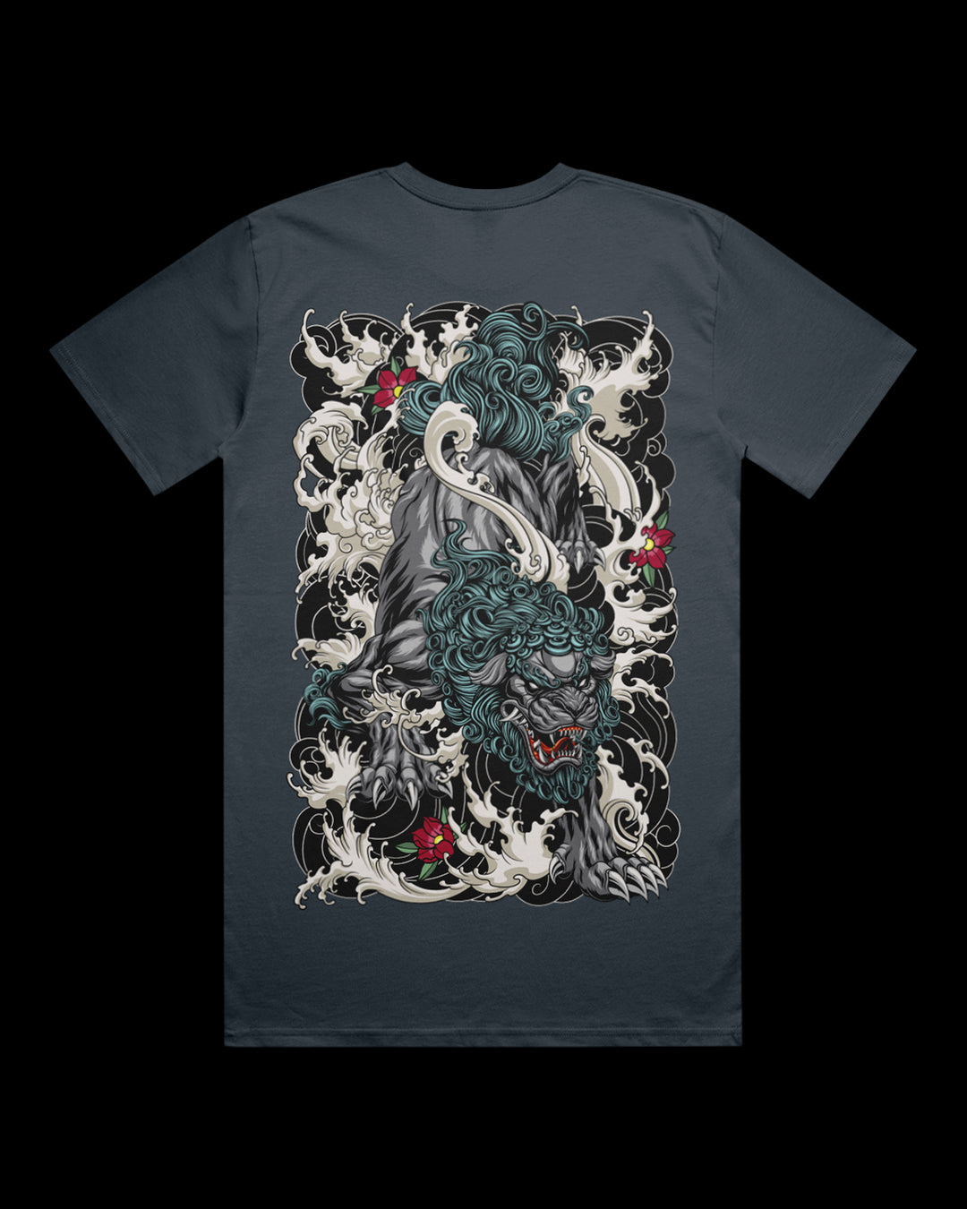 petrol blue tee with komainu graphic on the back