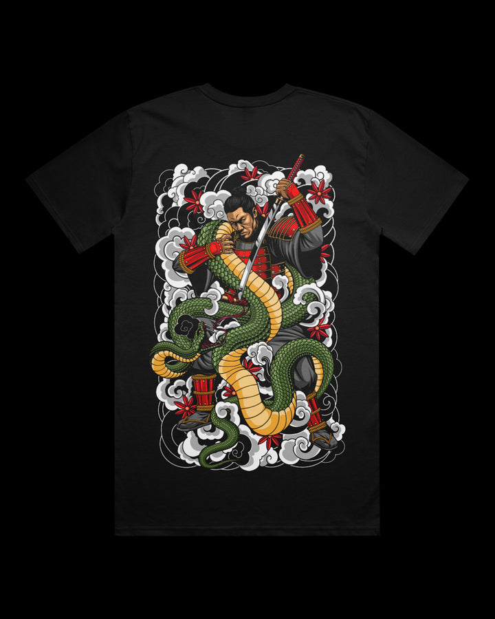 Black T-shirt featuring samurai fighting snake