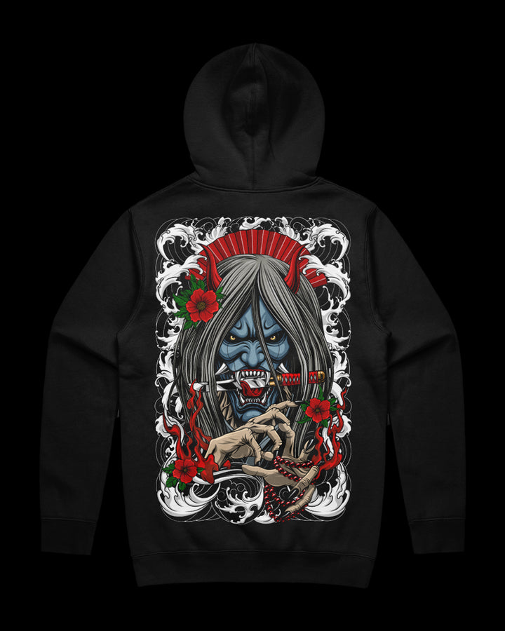 black hoodie with large hannya graphic on the back