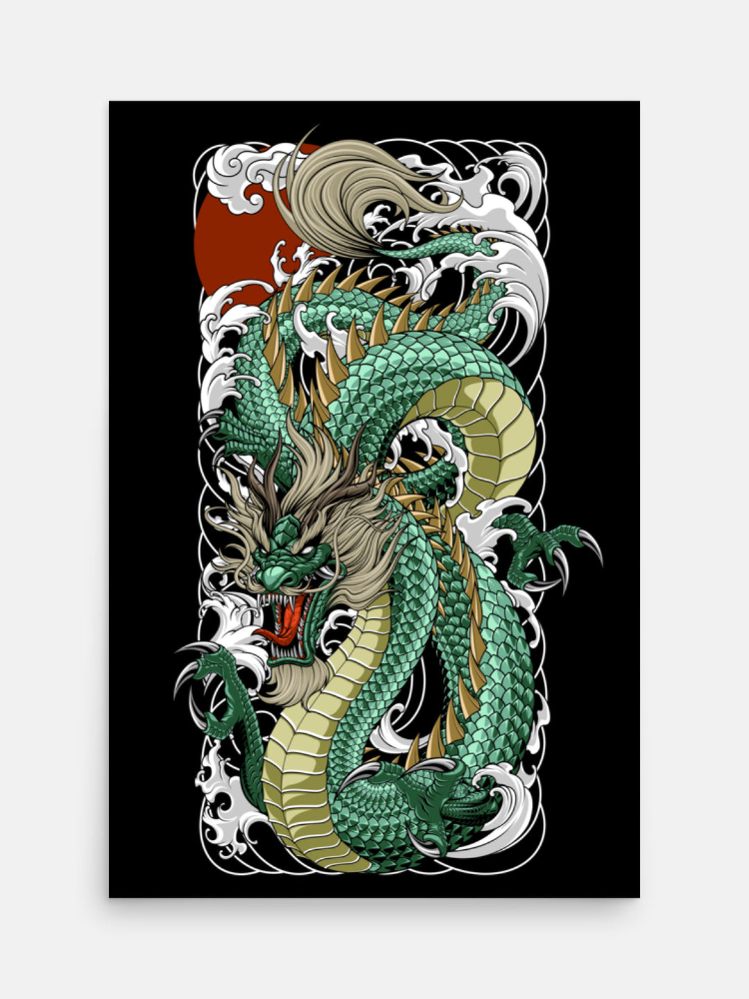 jade japanese dragon entwined by irezumi embelishments art print
