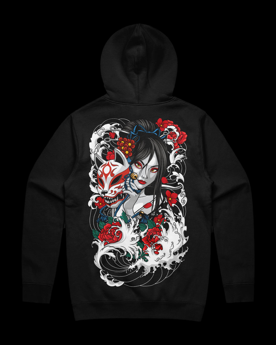 black hoodie with geisha holding kitsune mask back print