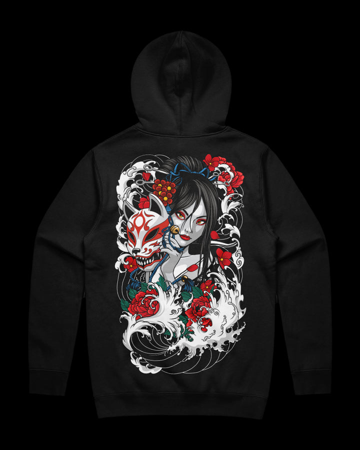 black hoodie with geisha holding kitsune mask back print