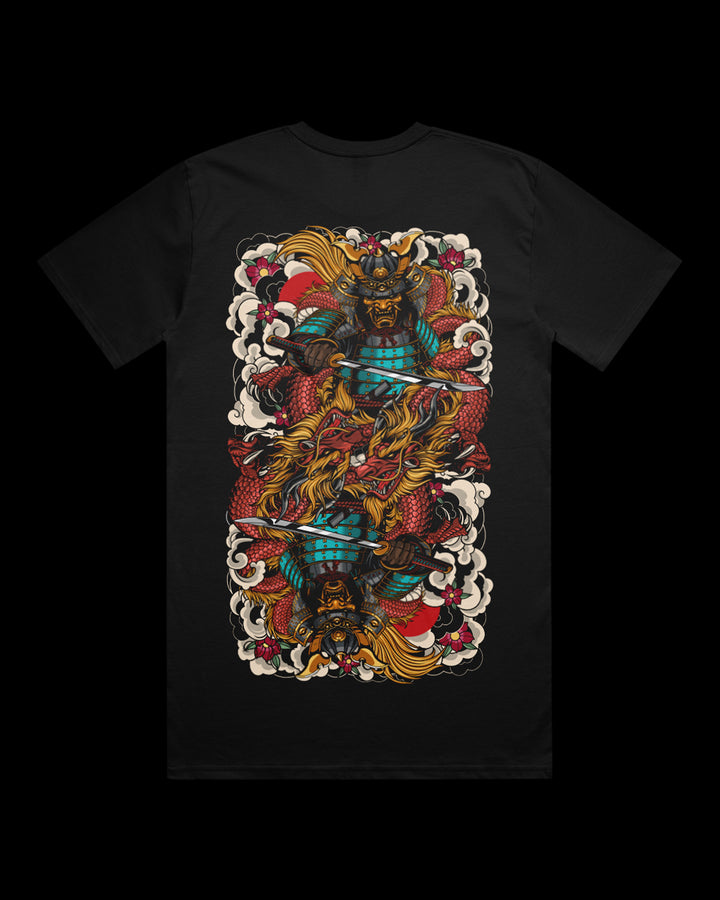 black tee with samurai back print