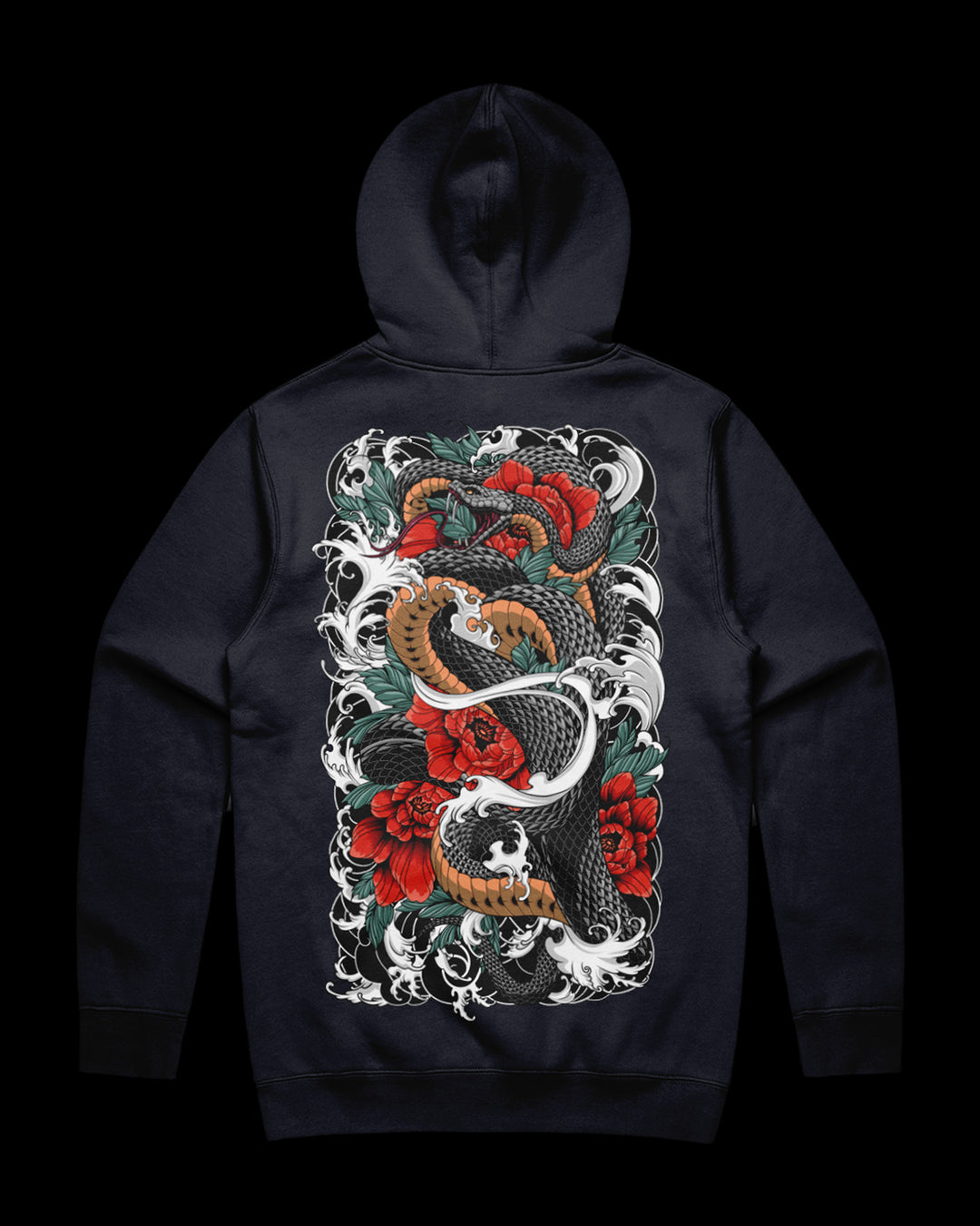 navy hoodie with snake and blossoms back print