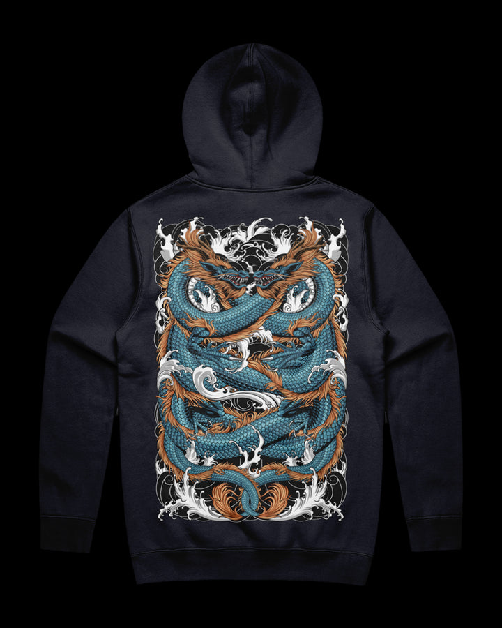 navy heavyweight hoodie with twin dragons back print