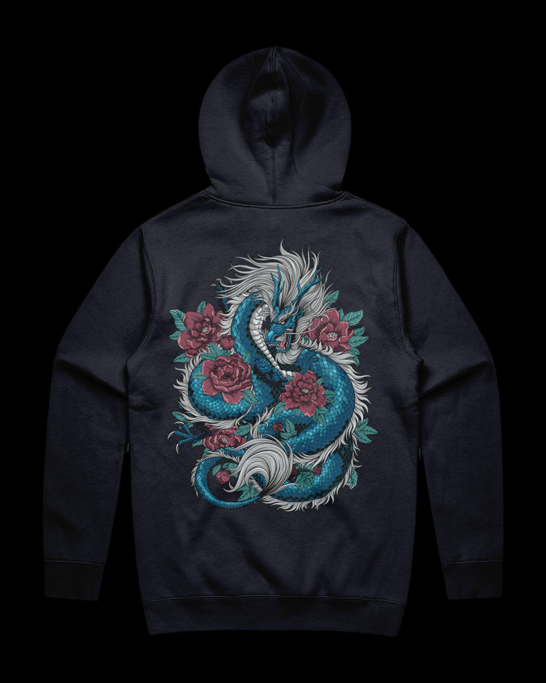 navy hoodie with dragon and flowers back print