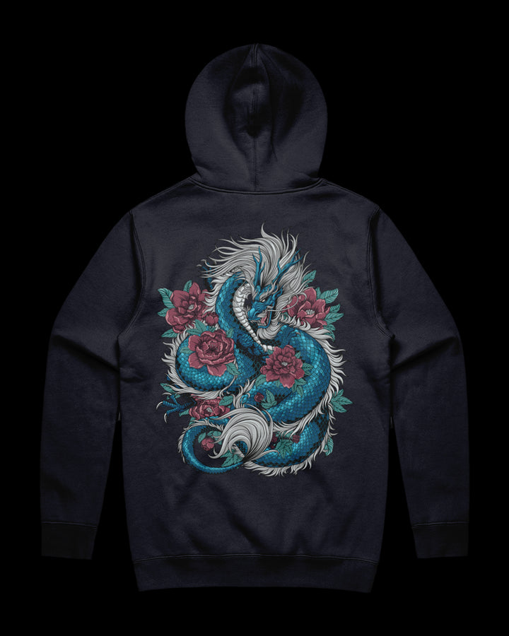 navy hoodie with dragon and flowers back print