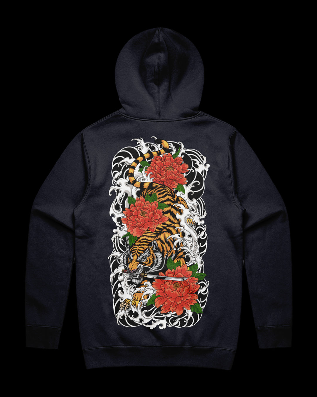 navy hoodie with a tiger and floral design on the back