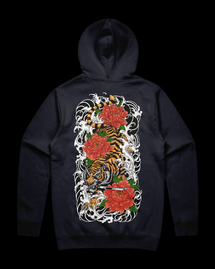 navy hoodie with a tiger and floral design on the back