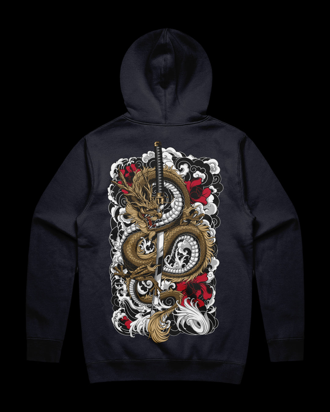 navy hoodie with dragon and katana back print