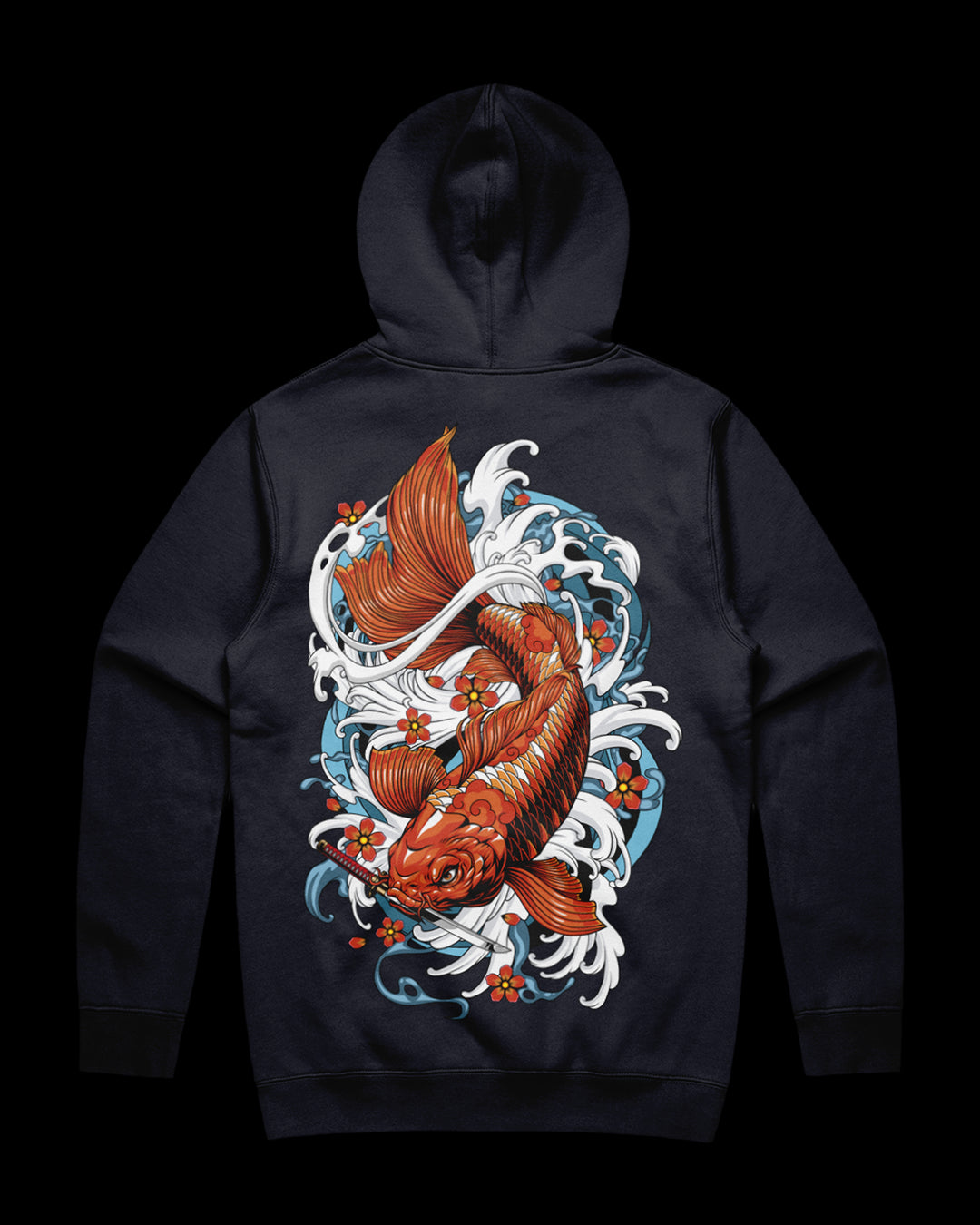navy hoodie with a Koi fish design on the back