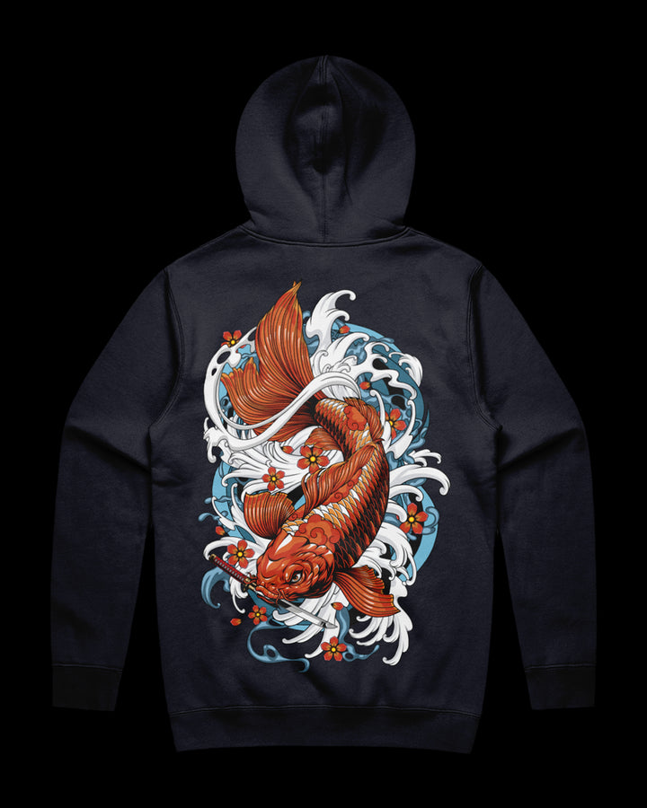 navy hoodie with a Koi fish design on the back