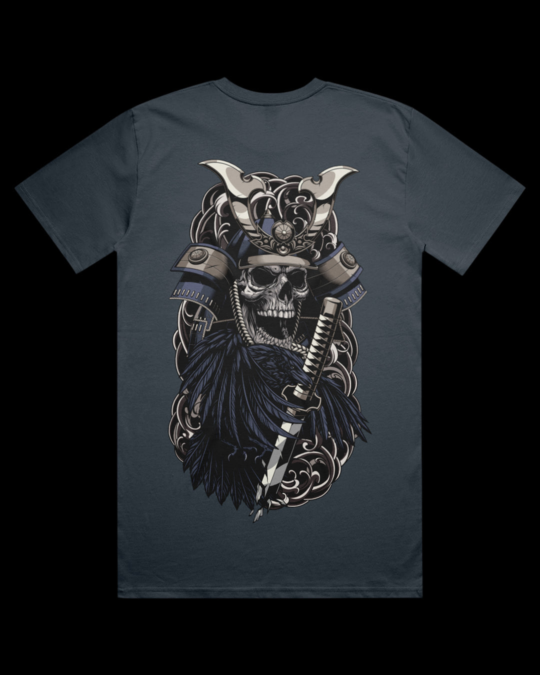 petrol blue t-shirt with a skull wearing a samurai armor and raven on the back