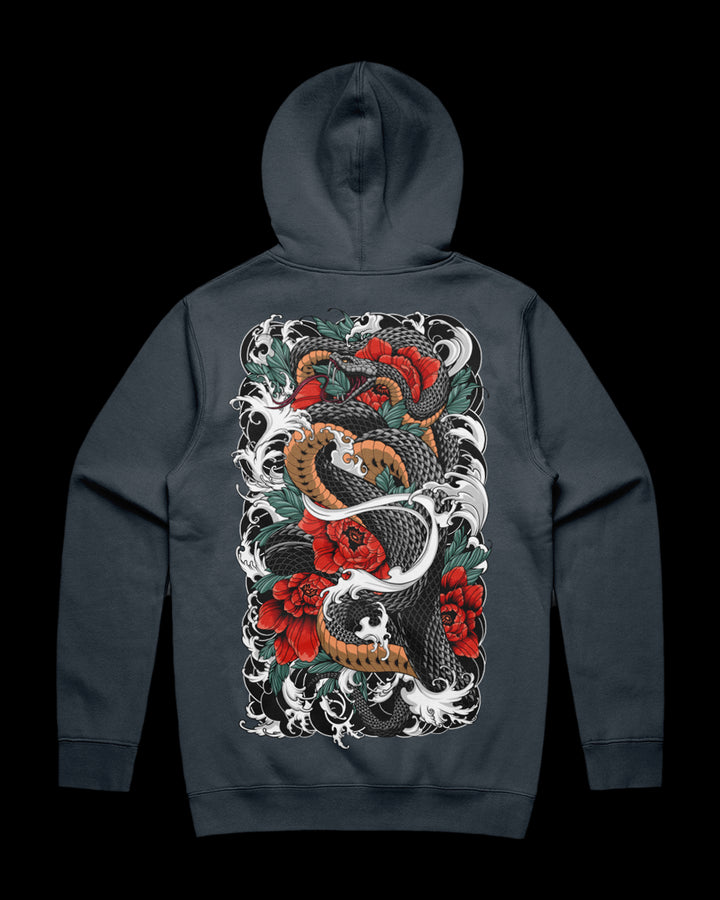 petrol hoodie with snake and blossoms back print