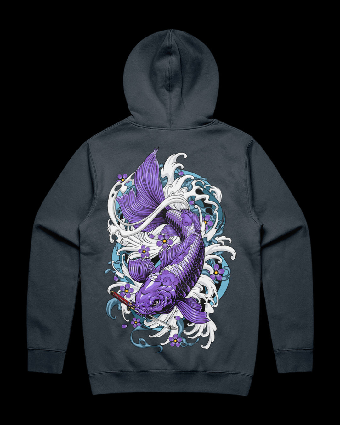 petrol hoodie with purple koi fish back print