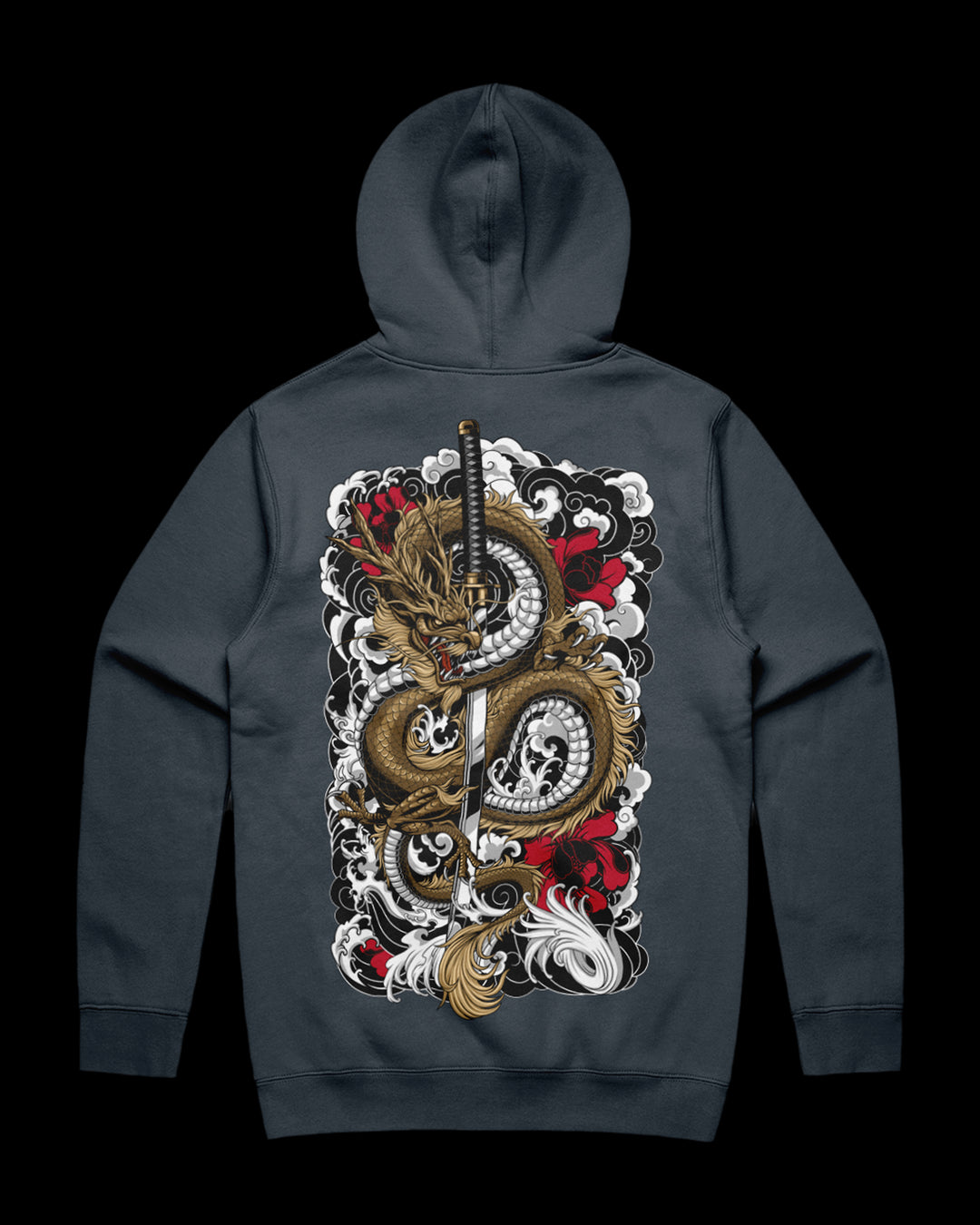 petrol hoodie with dragon and katana back print