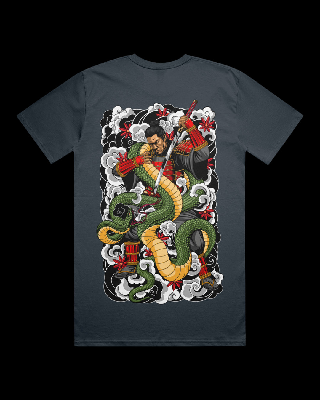 Petrol Blue T-shirt featuring samurai fighting snake