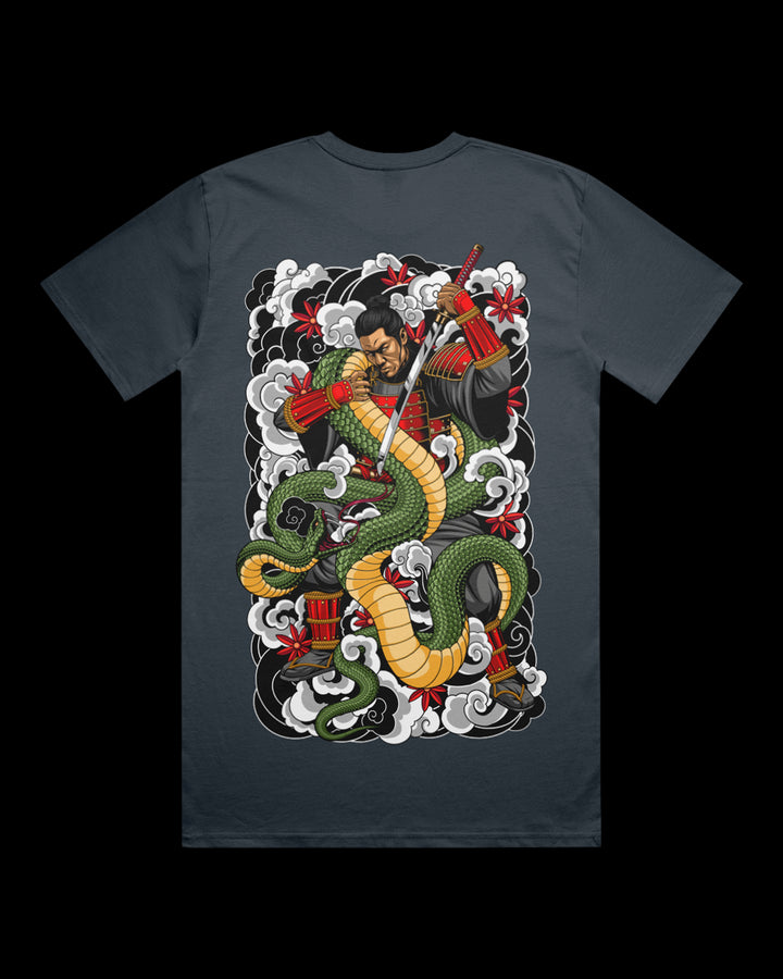 Petrol Blue T-shirt featuring samurai fighting snake