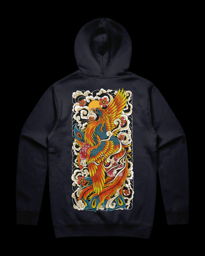 Navy hoodie with a colorful phoenix design on the back.