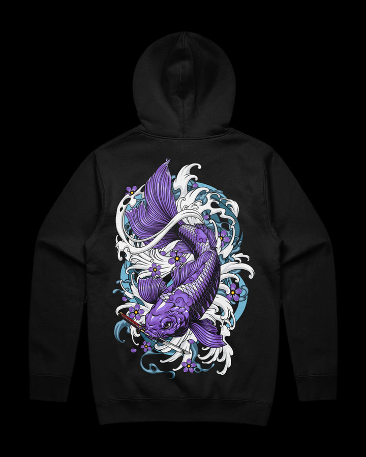 Black hoodie with purple koi fish back print