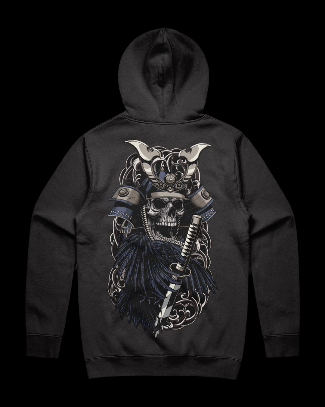 Tattoo-inspired coal hoodie with skeleton samurai back print