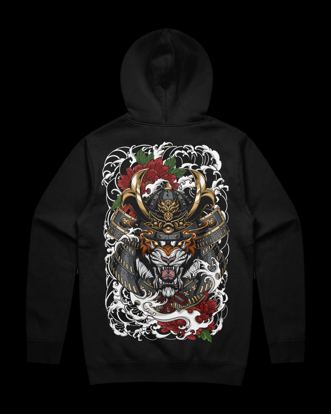 Black hoodie with samurai tiger back print
