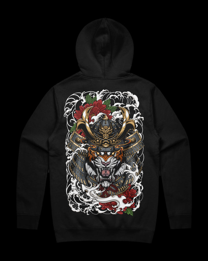 Black hoodie with samurai tiger back print