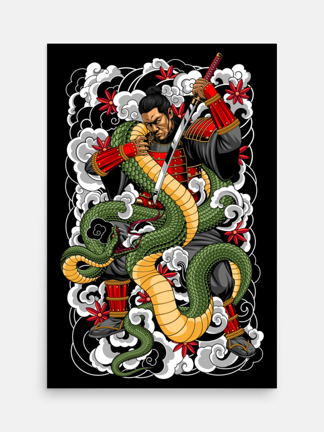 irezumi inspired japanese samurai vs serpent snake battle art print