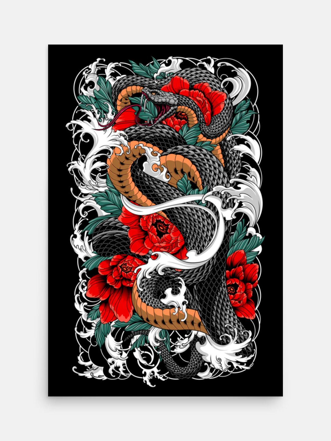 japanese snake enveloped by irezumi style waves and flowers art print